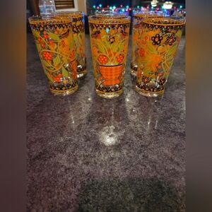 Vintage Set Of 6 Georges Briard Glasses Applique and Embroidery Birds Flowers